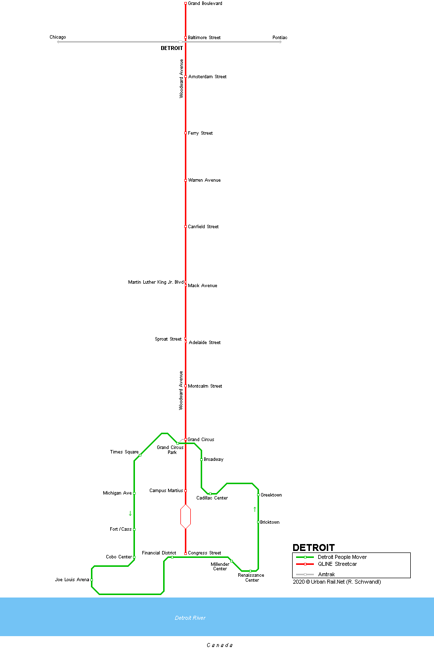 Detroit People Mover and Streetcar Map