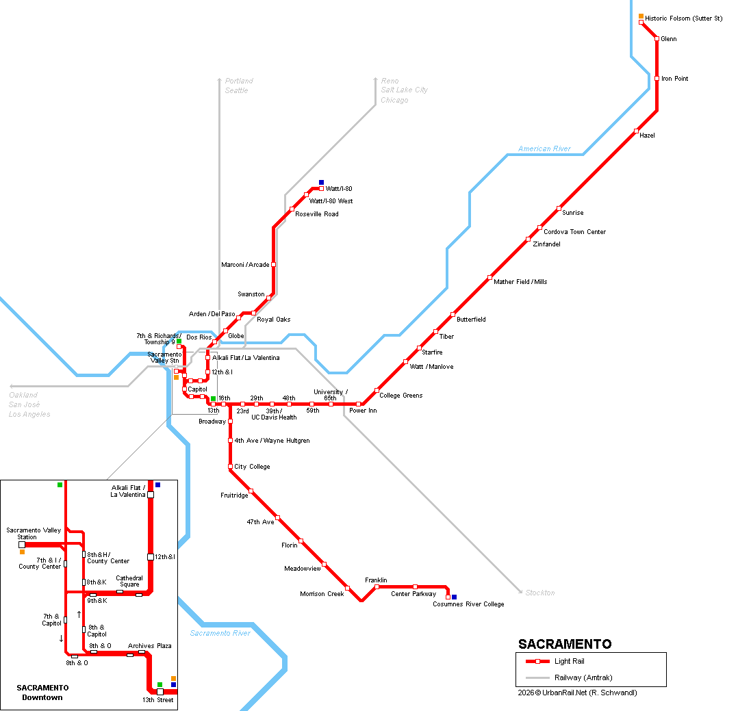 Sacramento Light Rail Map &copy; R. Schwandl