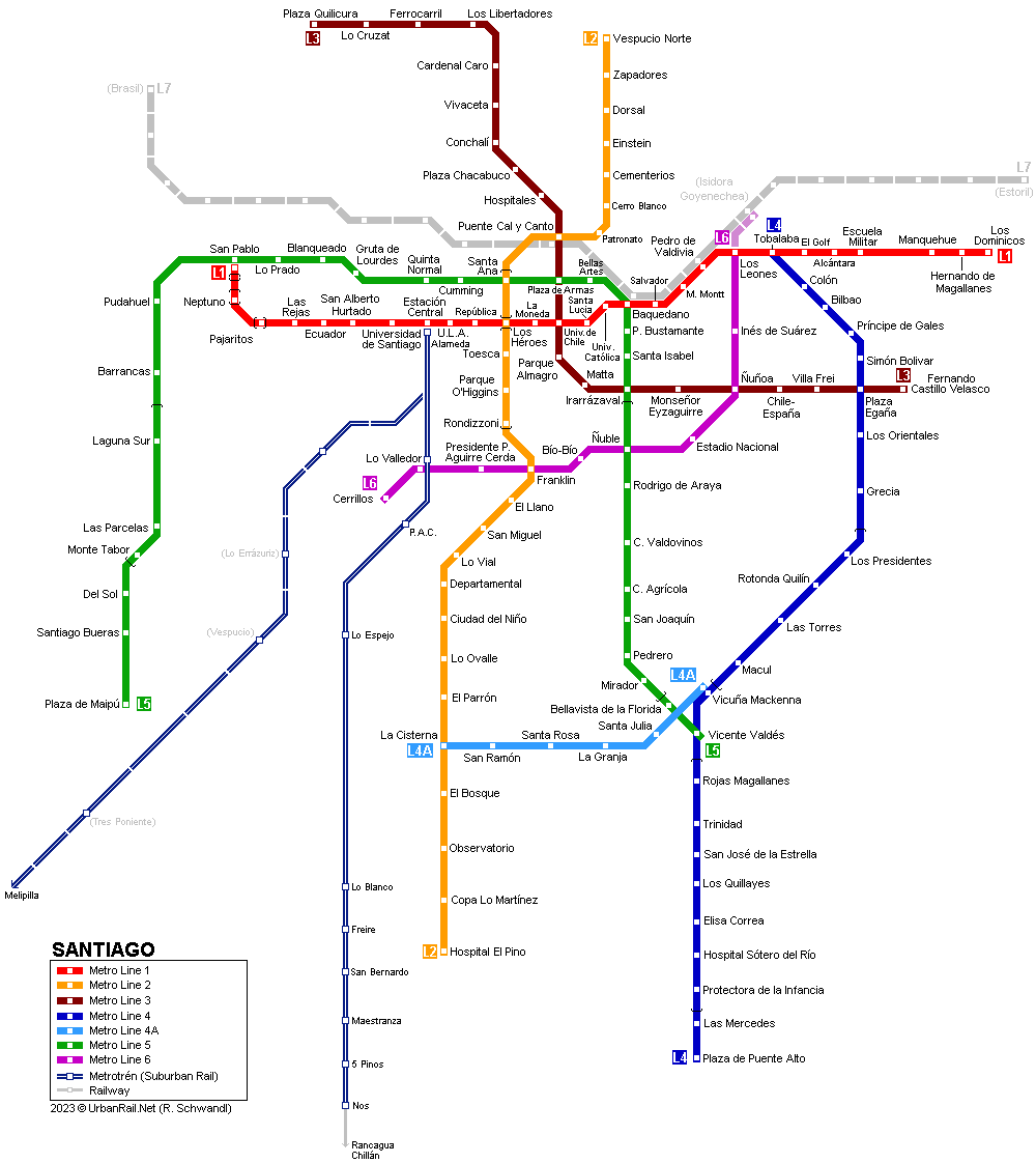 Santiago Subway Network  (c) UrbanRail.Net - Click on map to see planned extensions!