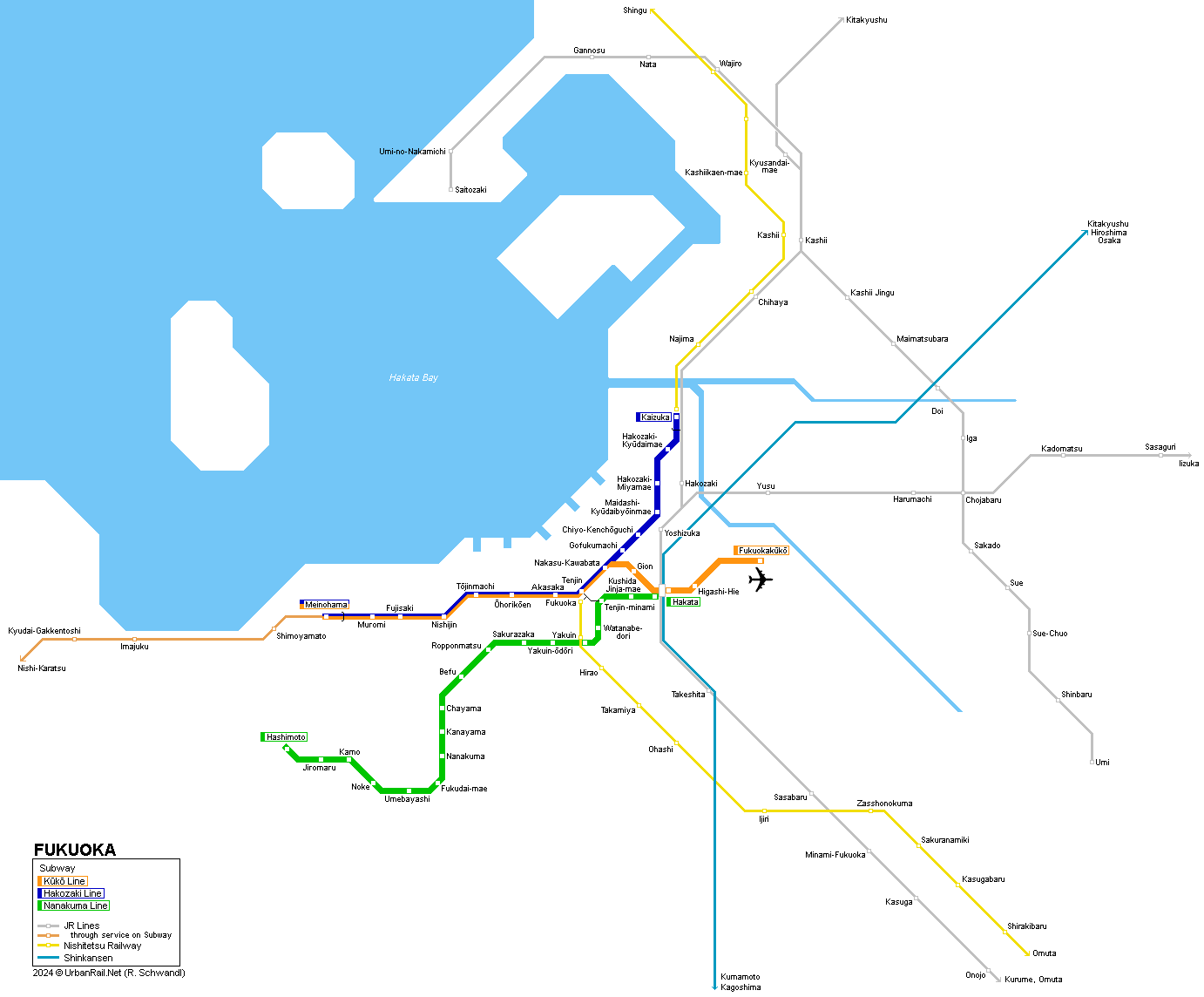 Fukuoka Subway Map © UrbanRail.Net