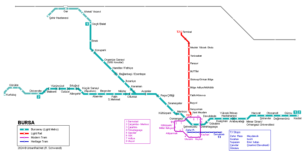 Bursaray rail map © UrbanRail.Net