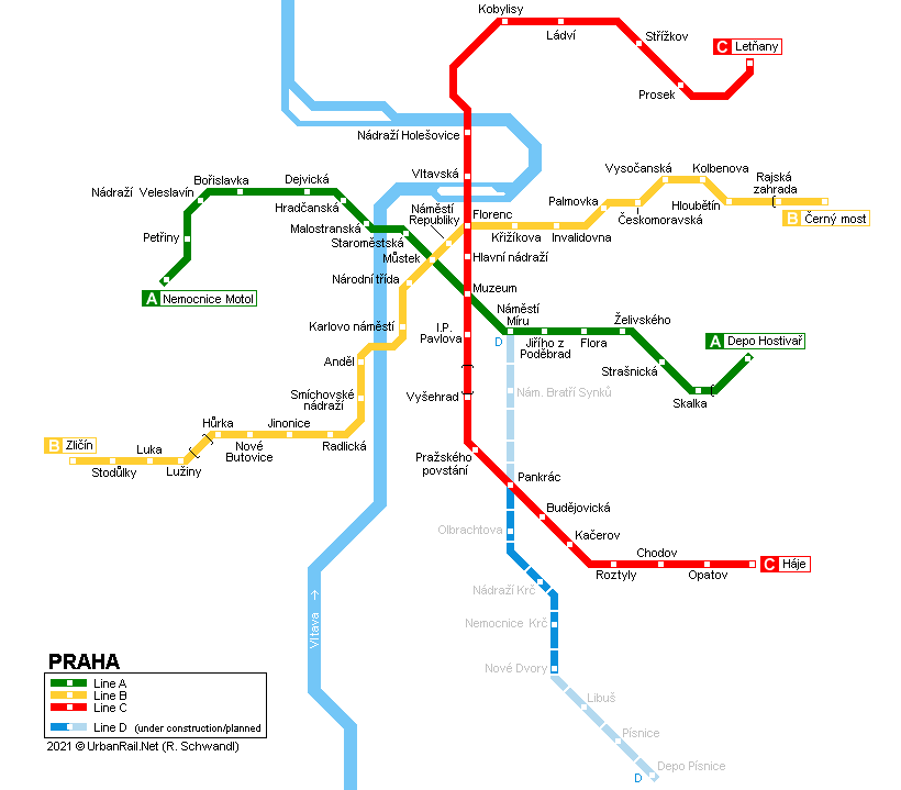 Prague Metro Map  © UrbanRail.Net