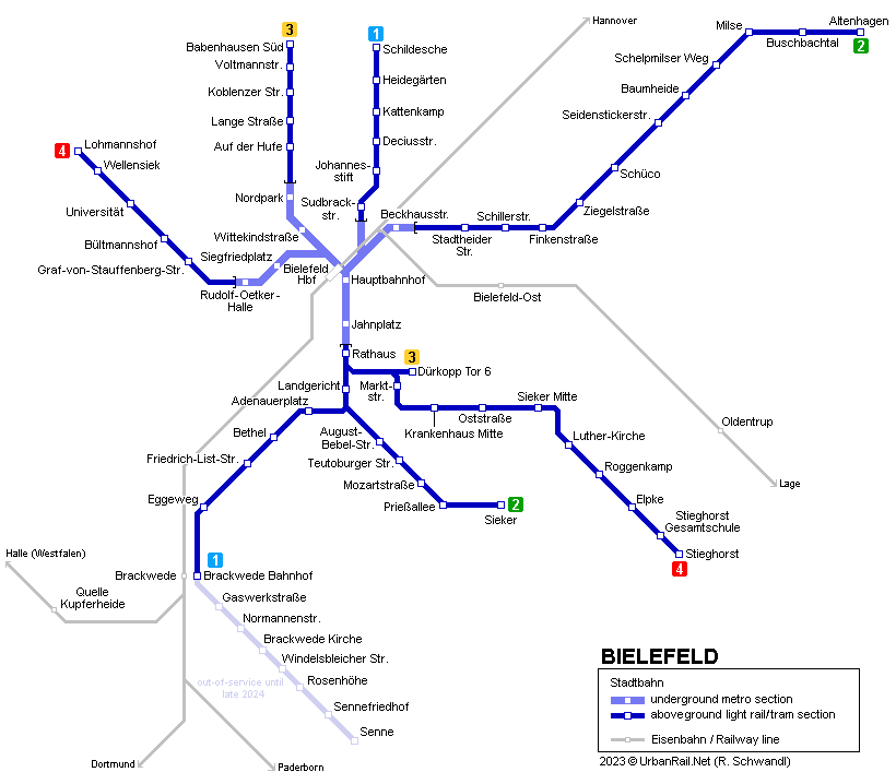 Bielefeld Stadtbahn map © UrbanRail.Net (Robert Schwandl)