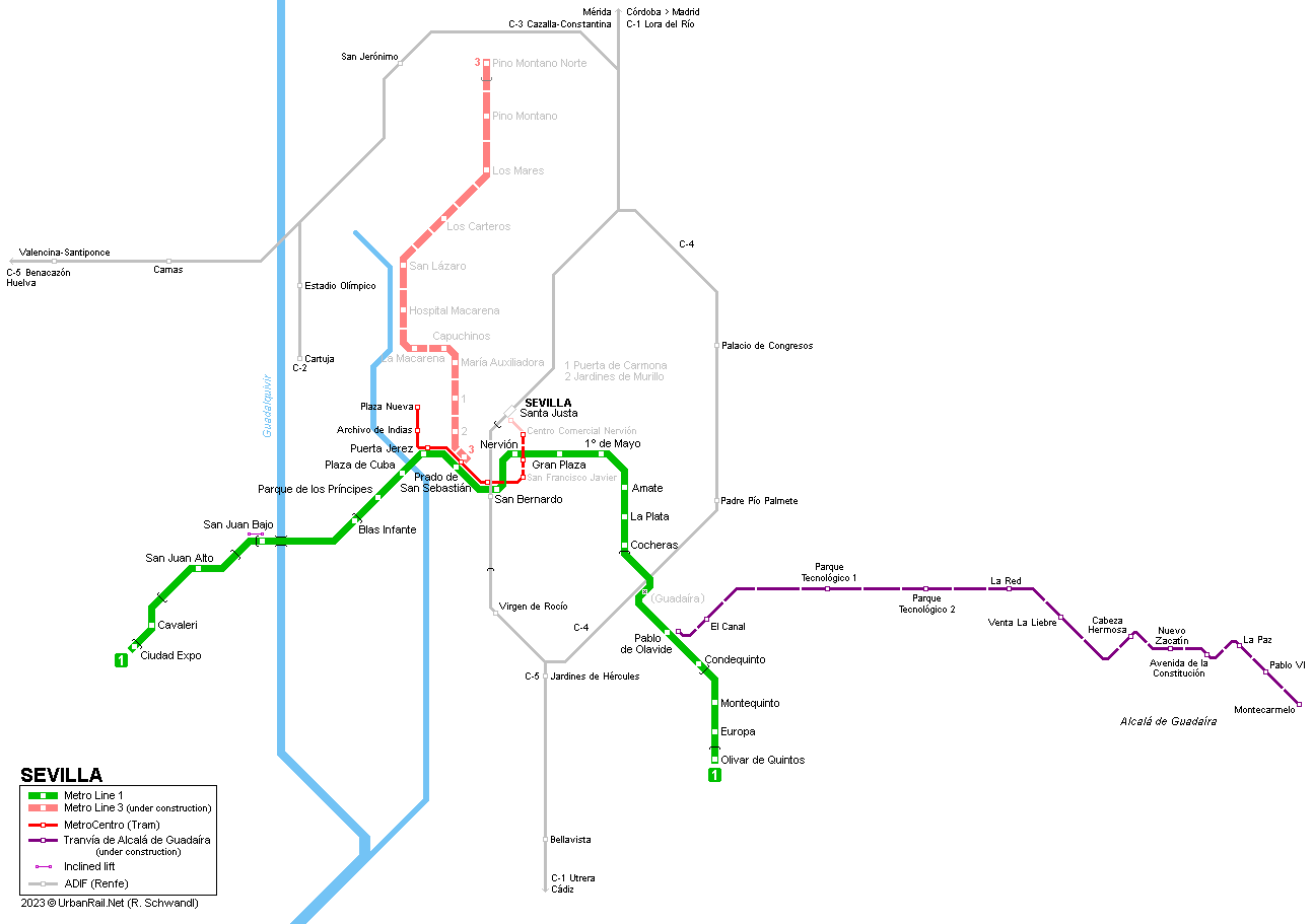 Sevilla Metro  map © UrbanRail.Net