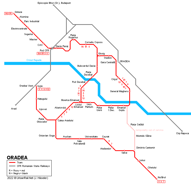 Oradea Tram Map © UrbanRail.Net